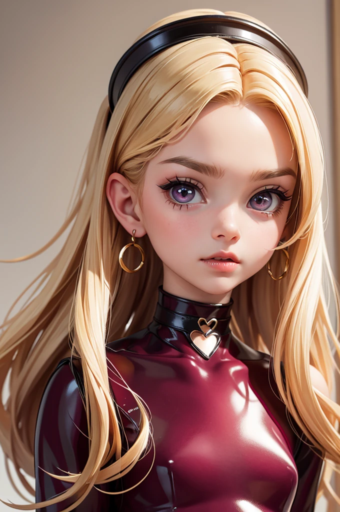 (bedroom) hyperrealistic 14 year old american teen, blonde, perfect tiny body, sexy, dark makeup, choker, perfect slim face, big red lips, very cute face, tiny body, big eyes, young looking, childish looking, big earrings, pink tube latex dress