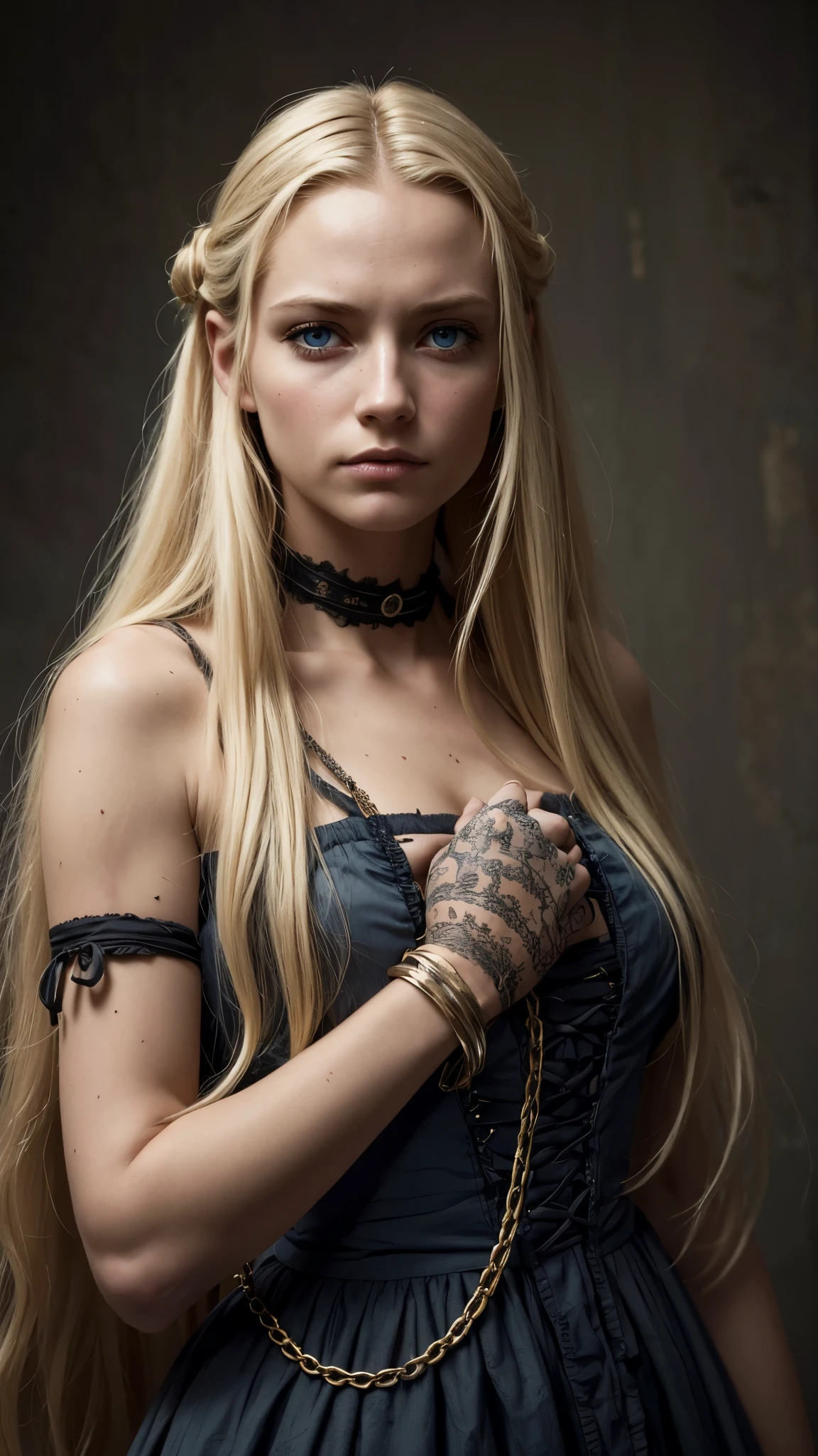 a beautiful woman with long blonde hair, blue eyes, and a detailed face, wearing a tattered and dirty 1840s era dress, chained wrists, sorrowful expression, photorealistic, highly detailed, 8k, masterpiece, dramatic lighting, muted color palette, melancholic mood, period accurate