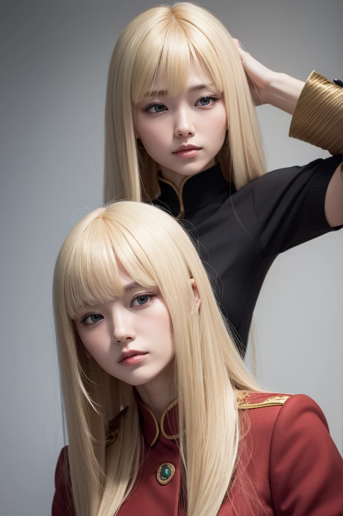 Woman with long blonde hair, short bangs, com head can communist
