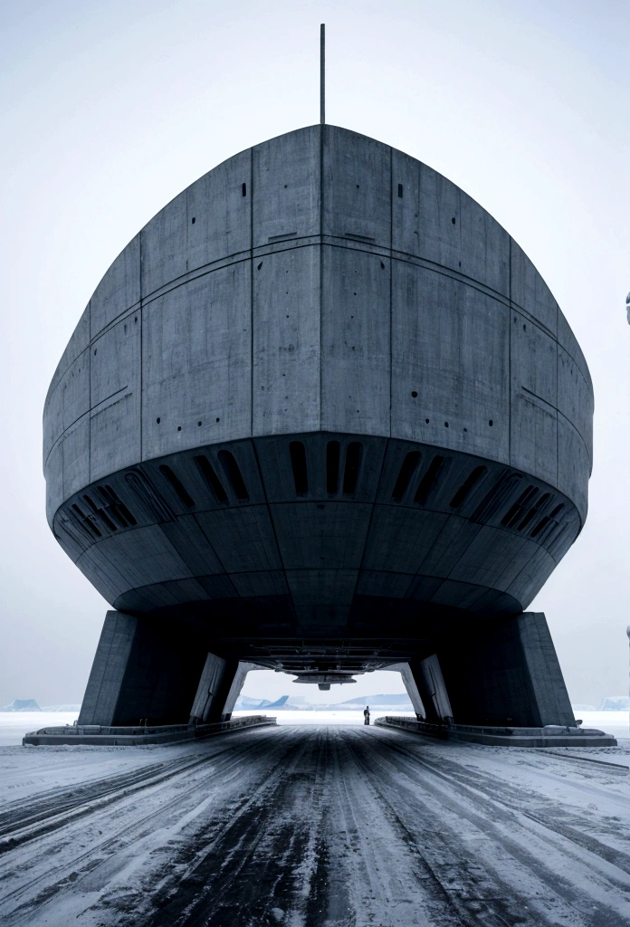 On a frozen planet, an alien spaceship of futuristic design fighter and organic fighter is parked on the icy surface. The ship has an imposing structure with curved shapes, Several alien crew members are descending an extended ramp from the ship with spacesuits adapted to the icy environment., showing advanced and incomprehensible technologies. In the background, a brutalist minimalist concrete station is erected. The station has straight and robust lines, with a solid and monolithic appearance, contrasting with the icy surroundings. The structure is simple but imposing. cinematic lighting, very high resolution, 4K hyper realistic image