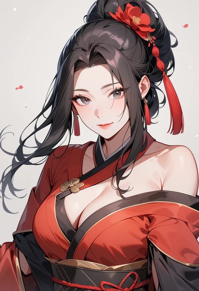 Mature women,Black long hair,Hair up,Red Hanfu,Showing cleavage,Show your shoulders,Beautiful black eyes,Extremely detailed,high resolution,Simple background