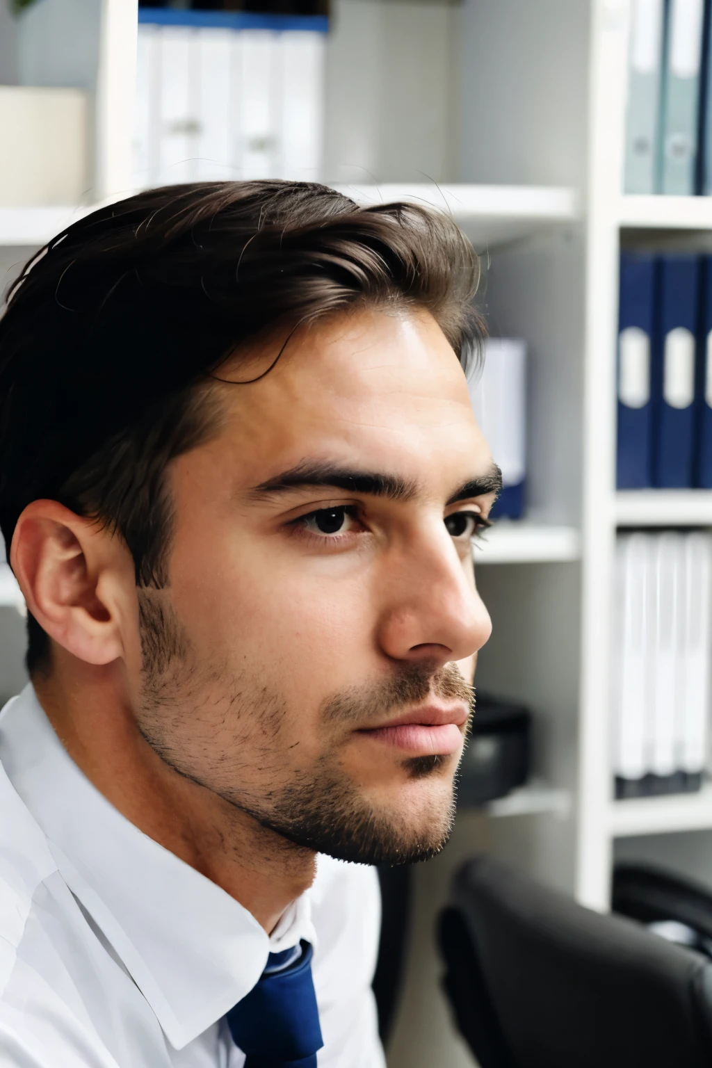 man with a serious face sitting in an office