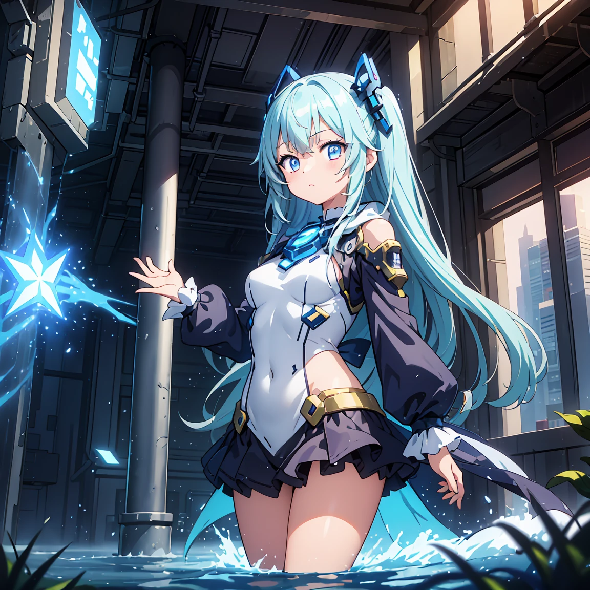 Anime, 2 Characters, (1  Anime Girl, Silver Blue Hair, blue glowing star-shaped eyes); (1 Robot, Mech, Tall, Cape, Luminous Eyes, Chunky, Fantasy, Lights, outdated, old style, bronze silver), Nature, Biomes with mountains