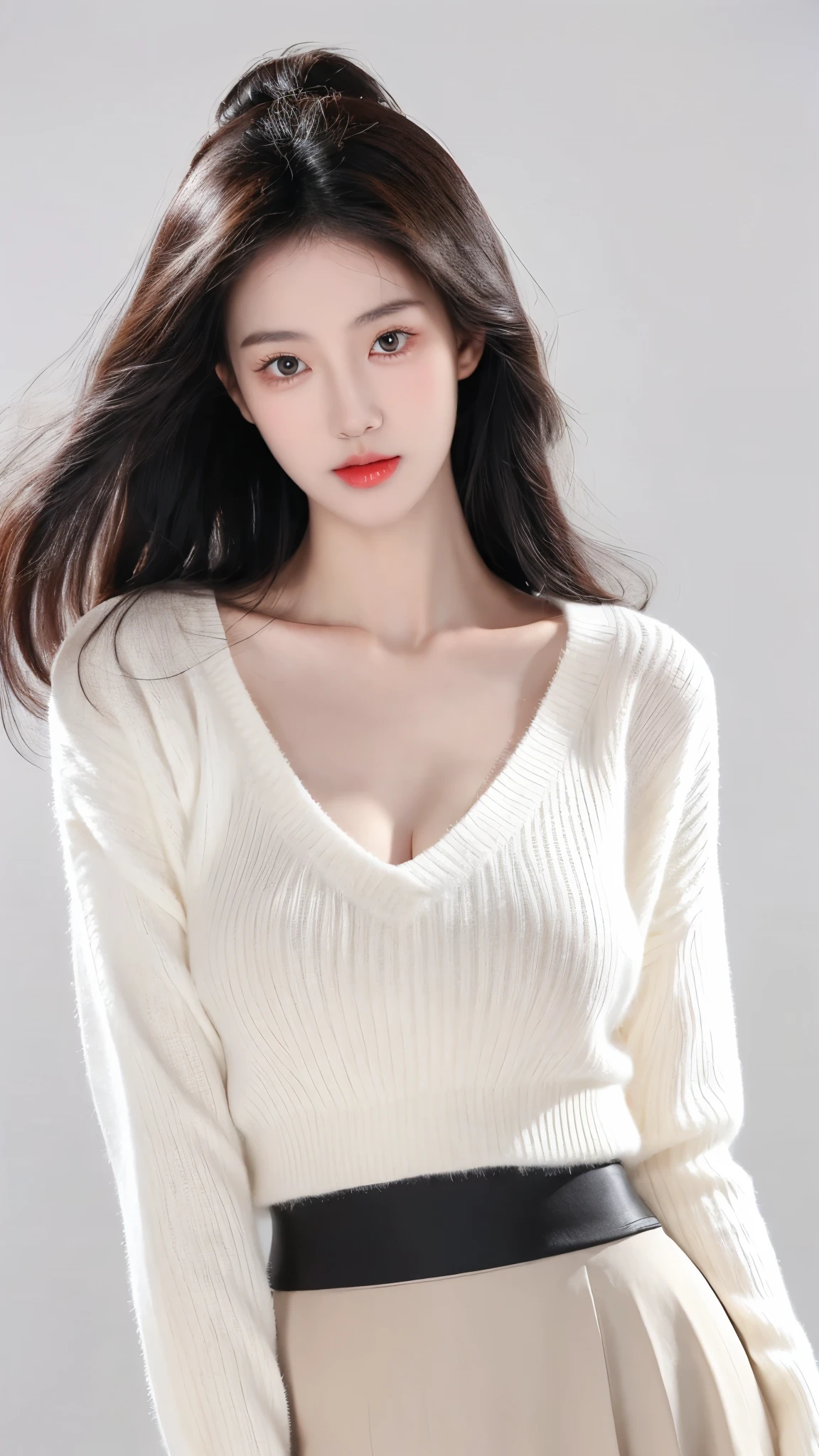 （lifelike,high resolution：1.3）， slim girl， The face shape and eyes are really delicate.,black hair,red glossy lips,(beautiful face), (best quality), (very detailed), (very detailed CG 통합 8k 벽지),(white short sweater),(white background),(a little cleavage),(model photo),sexy look,big eyes,(standing),(short skirt)，eyes looking at the audience,soft chest,정말 현실적인 크고 soft chest,big bust,character center,black hair,model pose,