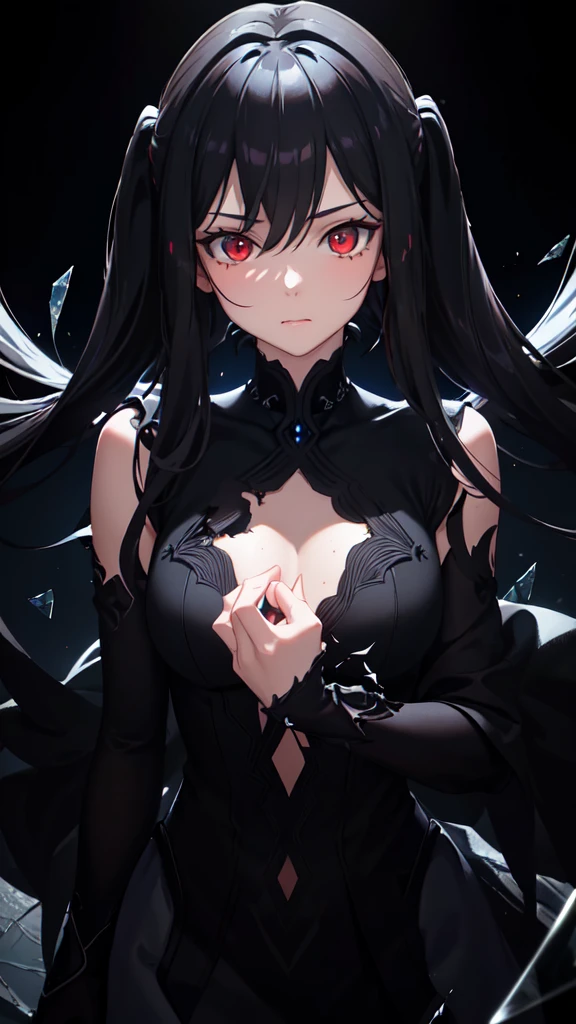 (masterpiece, best quality, ultra-detailed, best shadow), (detailed background,dark fantasy), (beautiful detailed face), high contrast, (best illumination, an extremely delicate and beautiful), ((cinematic light)), colorful, hyper detail, dramatic light, intricate details, (1 girl, solo,black hair, sharp face,low twintails,red eyes, hair between eyes,dynamic angle), blood splatter, swirling black light around the character, depth of field,black light particles,(broken glass),magic circle,