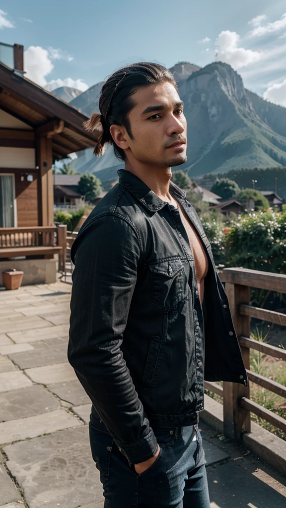 a handsome man, 30 years old, indonesian, modern mullet hairstyle, wearing a black shirt, blue denim jacket, black jeans, athletic body, camera angle from the side, mountains in the background, (best quality,4k,8k,highres,masterpiece:1.2),ultra-detailed,(realistic,photorealistic,photo-realistic:1.37),portrait,HDR,studio lighting,vivid colors,bokeh
