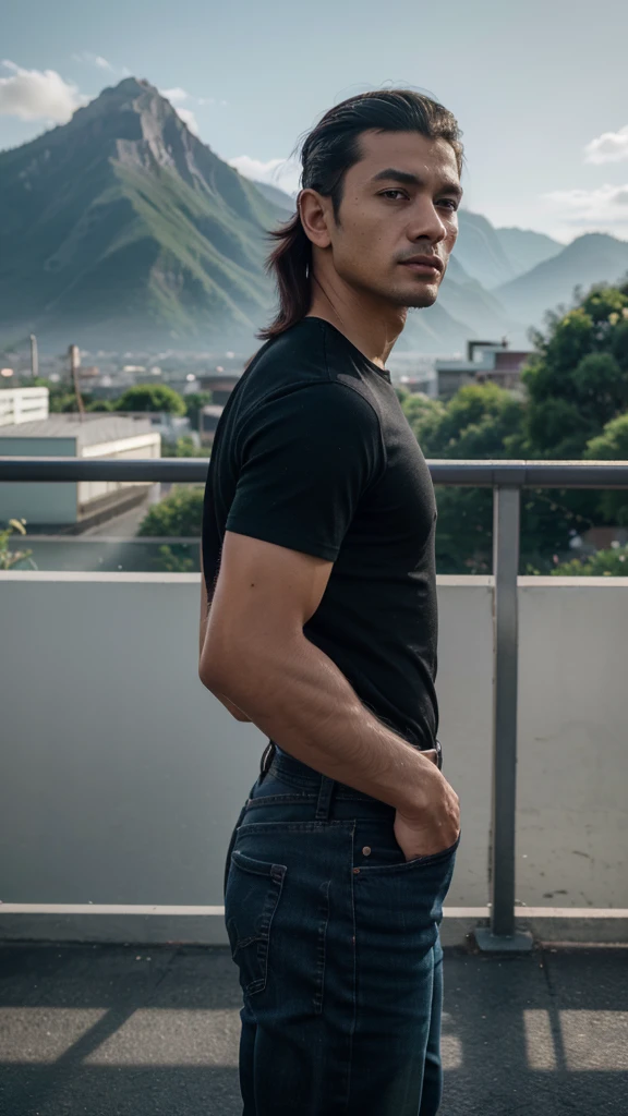 a handsome man, 30 years old, indonesian, modern mullet hairstyle, wearing a black shirt, blue denim jacket, black jeans, athletic body, camera angle from the side, mountains in the background, (best quality,4k,8k,highres,masterpiece:1.2),ultra-detailed,(realistic,photorealistic,photo-realistic:1.37),portrait,HDR,studio lighting,vivid colors,bokeh