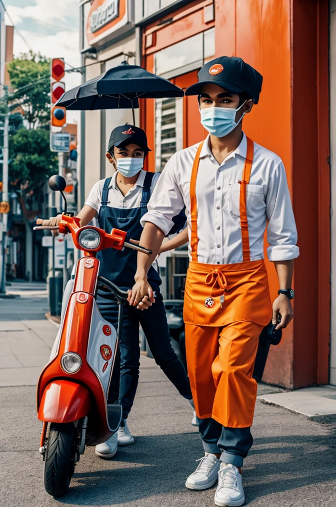 An anime style cartoon of a penis holding hands wearing a face mask, little caesars apron and hat on a scooter
