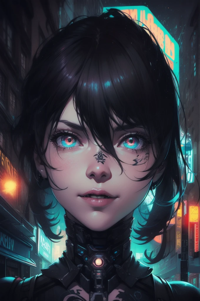Detailed portrait cyberpunk (sks women) (40 year old sks women), Futuristic neon reflective clothing, sf, Robot parts, Ismail Inceoglu、Dragan Bibin、Hans Thoma、Greg Rutkowski、Alexandros Pilomaris、Necro、René Margit、An illustration, Perfect Face, ((tattoo)), (Long Hair),, Matte skin, pores, Wrinkle, Ultra-detailed, Surreal,, Moody lighting, Hasselblad Award Winners, Soft Diffuse Lighting, Grin,, Machine Face, Fine details, Realistic shadows, Complex, elegant,
