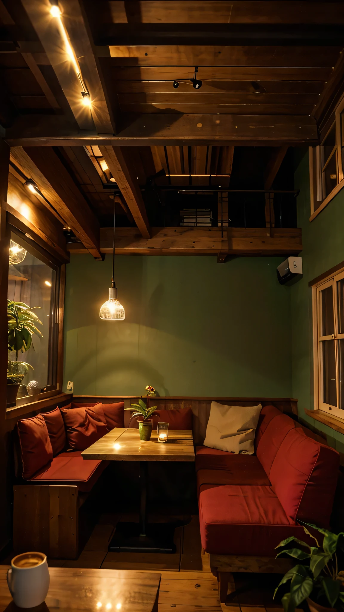 A wooden cafe, with warm lights. Outside windows raining. Fairy light. At the corner have red sofa, a wooden table. On the table have hot coffee and a book. With frames and big green plant at the corner. Have a few wooden tables and chairs too.