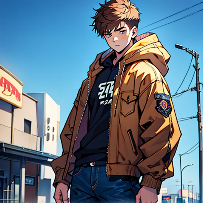  Human Male 21 year old, clear  skin , Brown fade haircut, Dark pupils,  hoodie under,wearing Pants , wearing Denim Jacket , manga Style , blue pupils  ,((solo ))