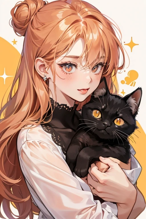 It Kitty is an orange tabby girl kitten with pale pink blushed cheeks and pink nose. Her eyes are shut and she sticks her tongue . She retains her dark brown hair worn in a bun with caramel colored streaked. She also wears black cat-eye sunglasses. SPARKLE; GLITTER