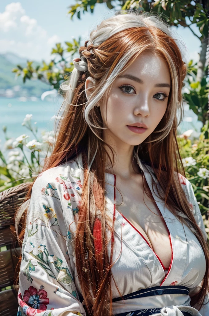 Upperbody portrait of a beautiful japanese girl with (long red hair:1.3) with (white hair face-framing highlights:1.31), (partial highlights hairstyle:1.4), beautiful detailed eyes, beautiful detailed lips, extremely detailed face, long eyelashes,  slim body, expose sagging breast, wearing floral kimono, sitting with cross-legged, on the grassfield, warm ambient, intricate details, cinematic composition, highly detailed, photorealistic, digital art, vibrant colors, natural lighting, ethereal, simple background, seen from forward, photon mapping