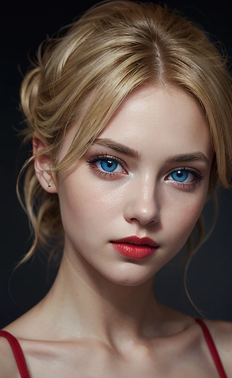 beautiful blonde girl, with striking blue eyes and red lips. realistic photo, Masterpiece