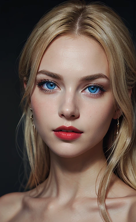 beautiful blonde girl, with striking blue eyes and red lips. realistic photo, Masterpiece