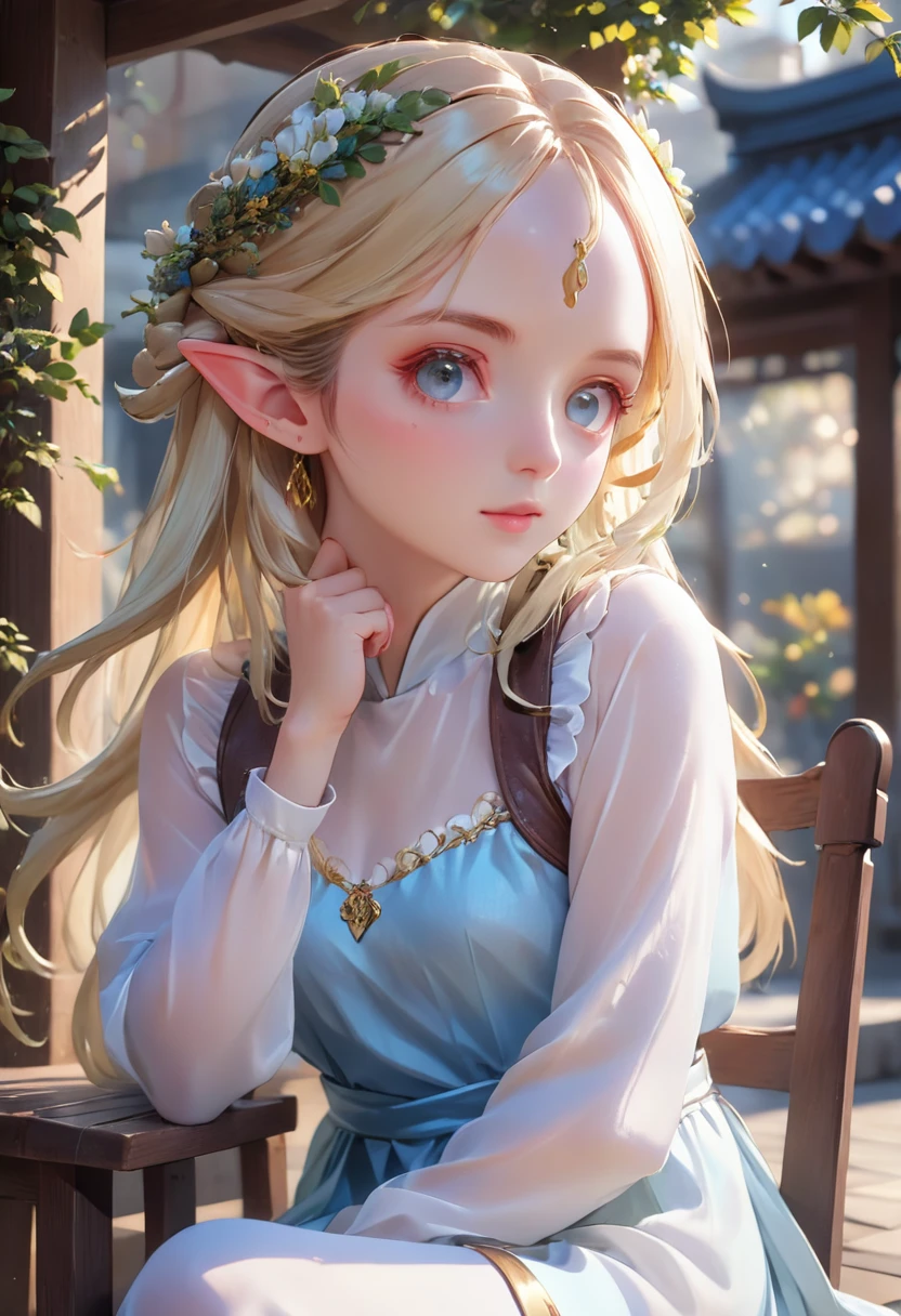 masterpiece, Highest quality, Portraiture, Fantasy-style tavern outdoor seating, Terrace Garden,1 Female Elf, Blonde,Sitting in a wooden chair,anime, 3d, Japan, Woman in her twenties, beautiful瞳, 笑face, face, (Thinking pose with hands on chin),Silk dress, beautiful, colorful, Smooth skin, figure, Art Station, , front, Shorthand, 8K Highly Detailed, Smooth, High resolution, super high quality, Highly detailed eyes, Highly detailed mouth, 非常に詳細なface, Eyes are perfect, both eyes are the same, True Light, Shine, Iridescent, real hair movement, 本当のface, High resolution, 2k, 4K, 8K, 16K, Realistic Light, Realistic shadow, Glowing Eyes , Fluorescent eyes, Soft Light,Long shiny hair,