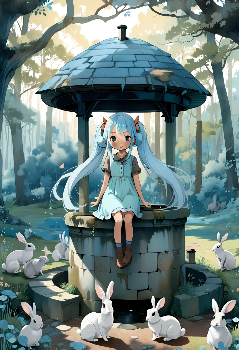 An old well in the forest, a beautiful girl with long light blue hair and twin tails, and rabbits and squirrels around the well.