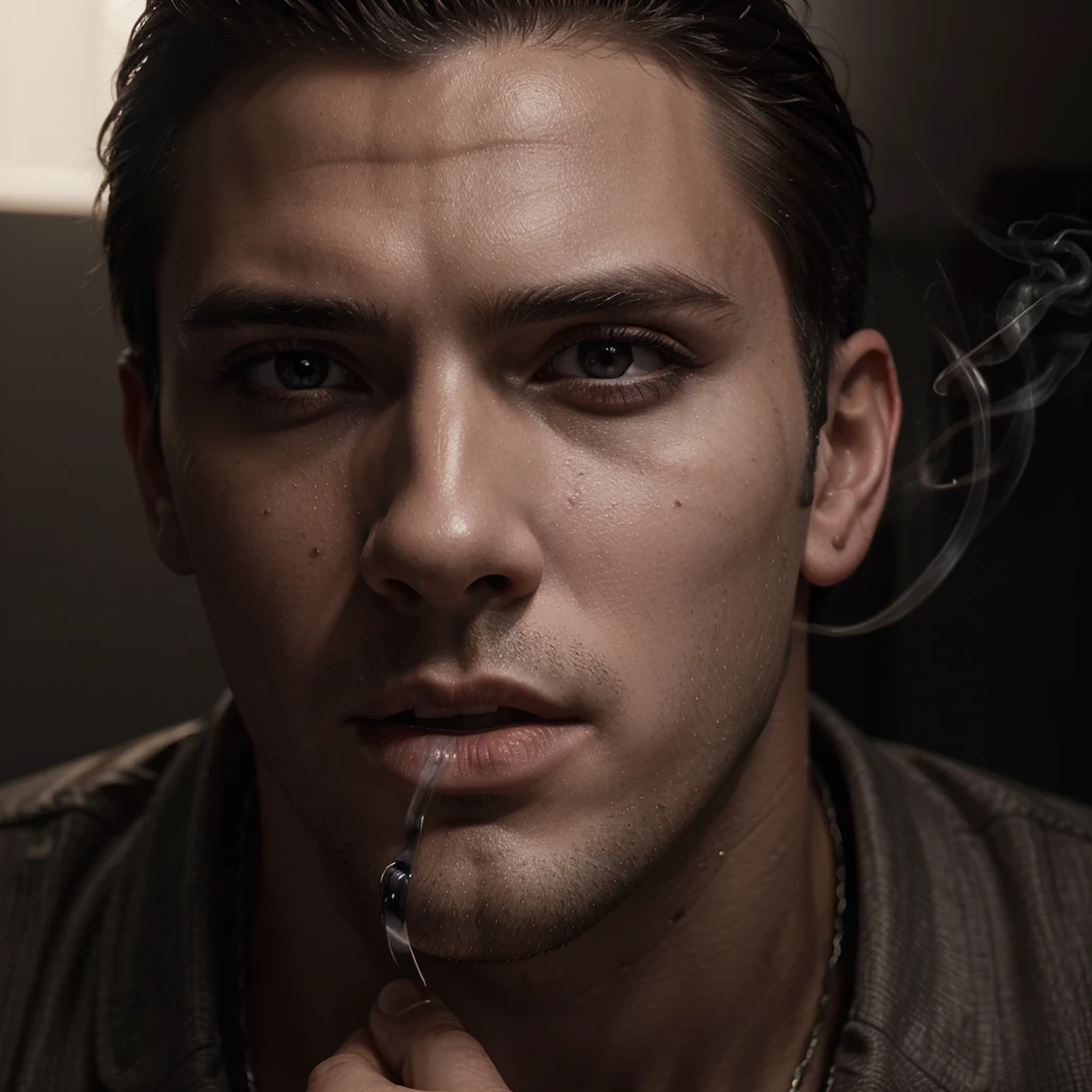 1 boy, handsome detailed man, realistic portrait, man smoking, man wearing shirt that says Lorenzo, cinematic lighting, dramatic shadows, chiaroscuro, art deco, cinematic, dramatic, high contrast, moody, perfect skin, piercing eyes, sharp facial features, striking pose, smoke effect, hyper realistic, 8k, best quality, masterpiece, photorealistic