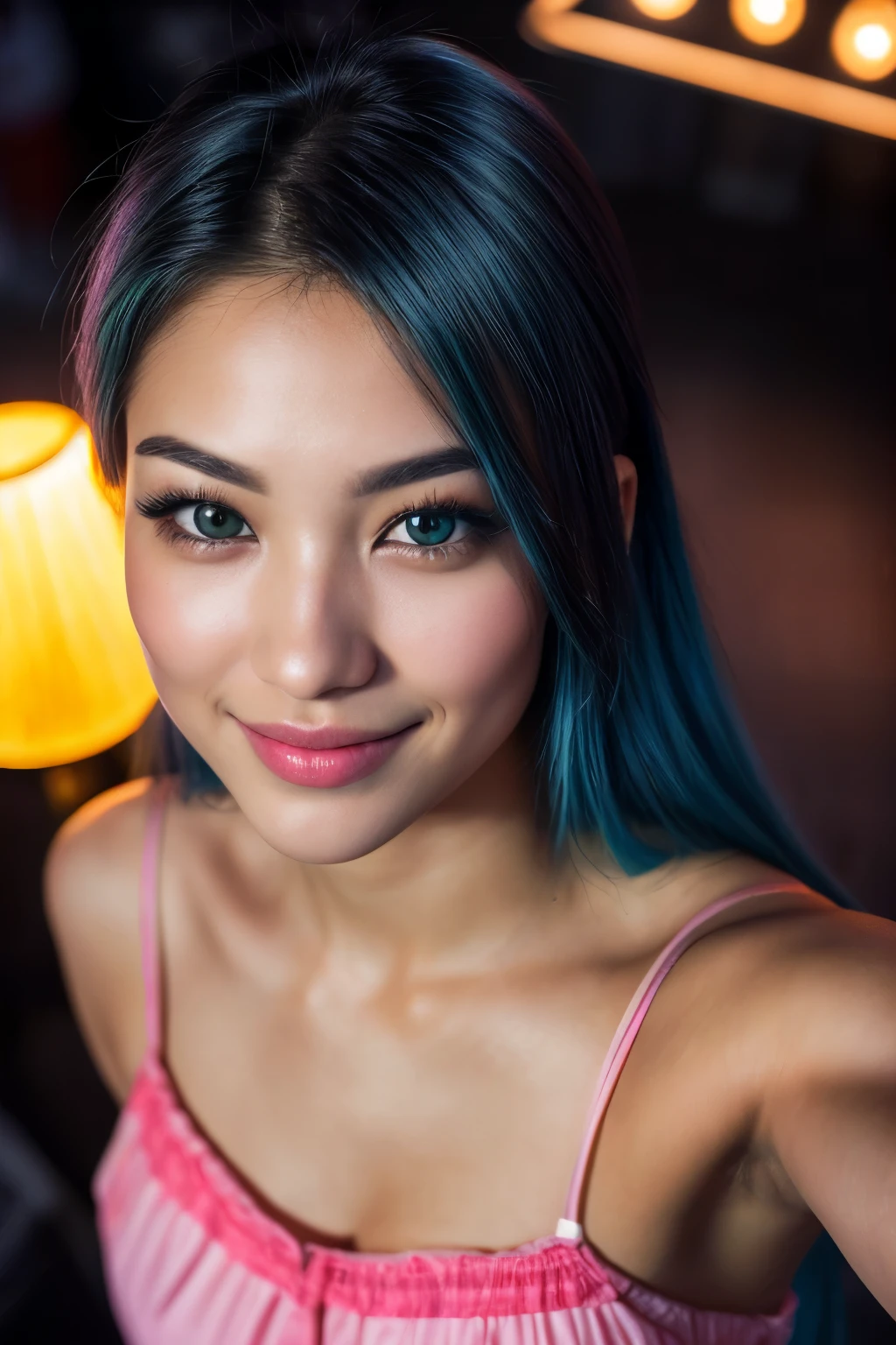 (selfie shot, from above: 1.4), (half-body portrait: 1.4), woman with white skin and Asian features, 24-year-old blue hair (green-eyed woman) walking in a bar RAW uhd portrait photo, natural breast_b, Her eyebrows are well-defined, with a natural arch that complements her eye shape. She has a small, elegant nose with a slight upward curve at the tip. Her lips are full and naturally pink, with a well-defined Cupid's bow. Her teeth are straight and white, enhancing her captivating smile. Her face has an oval shape with high cheekbones that add to her model-like appearance. city background at night, (yellow sundress), (crack), detailed (texture!, hair!, shine, color!!, flaws: 1.1), highly detailed glowing eyes, (looking at camera), specular light, dslr, extreme quality, sharp focus, sharp, dof, Film grain, (centered), Fujifilm XT3, crystal clear, center of frame, cute face, sharp focus, street lamp, neon lights, bokeh, (dark light), low key, night, (night sky ) detailed skin pores, oil Dark skin, brown, complex eye details