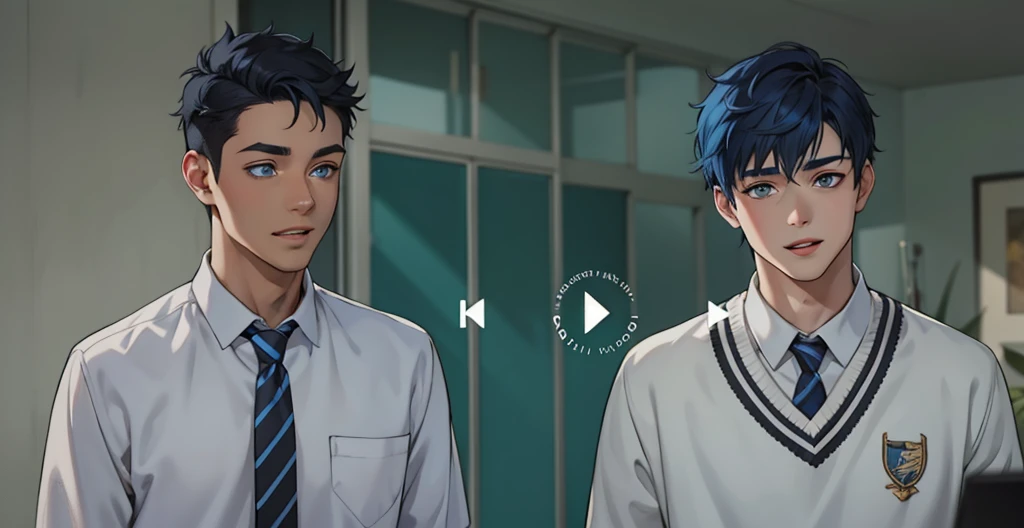 two cute boys with blue hair and the other with black hair and blue eyes
