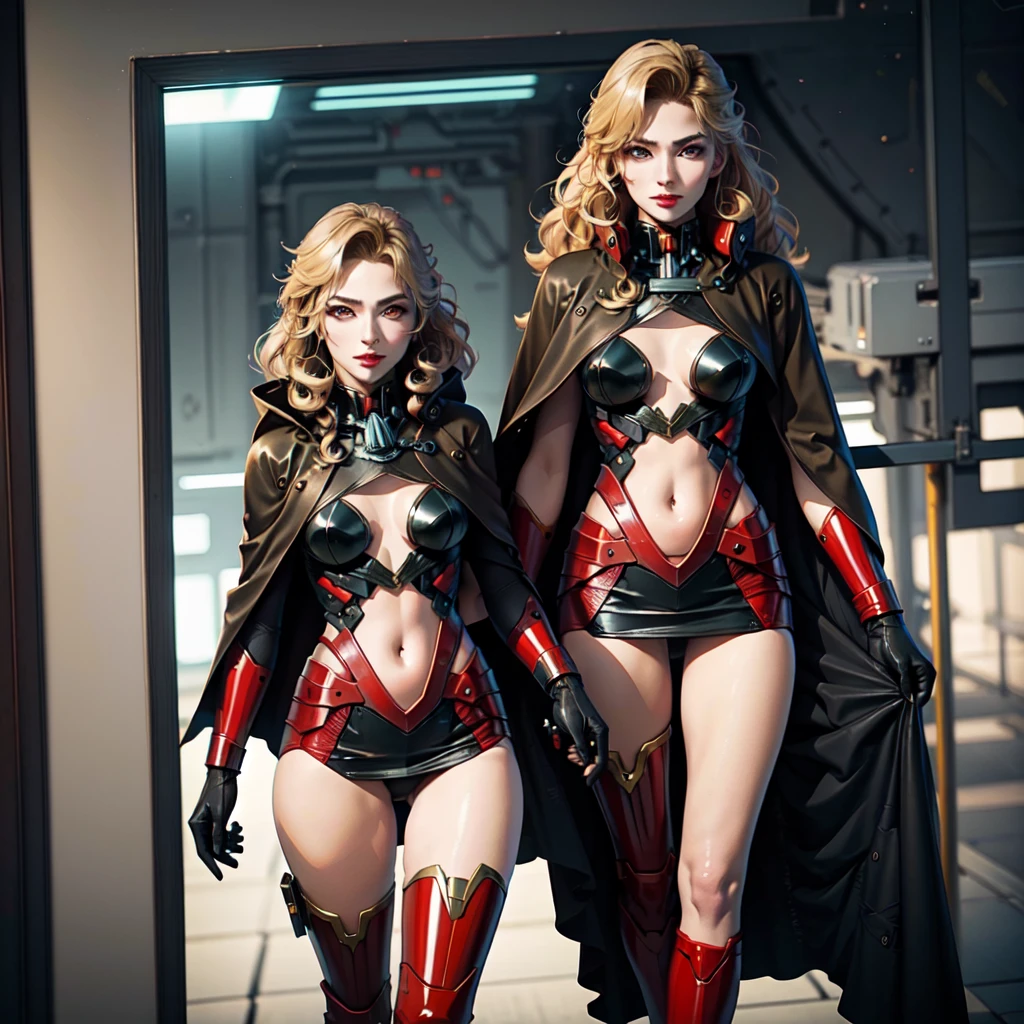 1girl,Alicia Viewsrtream, blonde hair, wavy hair, long hair,red lips,red impossible clothes,red elbow gloves,red thigh boots,cape,incredibly absurdres,Volumetric Lighting,moody lighting,thighs,realistic,reality,hetero,smug,fighting_stance, best quality:1.4, intricate details, sharp focus, highres, eleborate atmosphere:0.90, 8K, 4K, UHD, 32k UHD resolution, realistic photo, professional photography, Ultra Detailed 8K CG, ultra high res, High quality texture, High quality shadows, vivid colors, HDR, space station, windows, military officers,