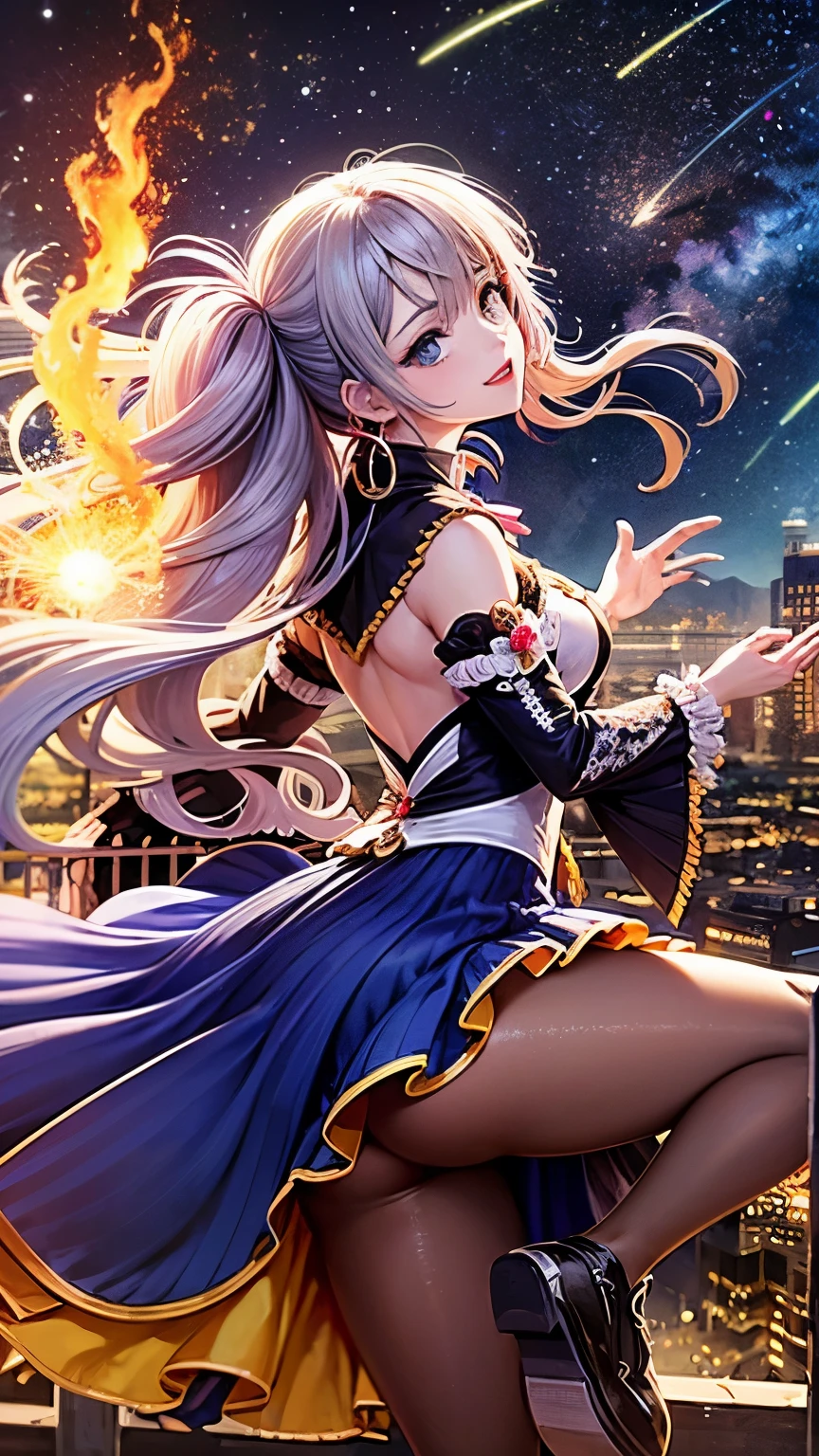 8K resolution, masterpiece, Highest quality, Award-winning works, unrealistic, From above, erotic, sole sexy lady, healthy shaped body, Anatomically accurate skeleton, 22 years old, black mage, 170cm tall, huge firm bouncing busts,, white silver long wavy hair, Detailed facial depictions, Break, Mysterious blue eyes, Standard nose, Eyeliner, pink lips, sexy long legs, Transparent and shiny skin, holy knight, Gothic ruffle long dress, A dress with a complex structure, Seven-colored colorful dress, Clothed in flames, royal coat of arms, elegant, Very detailed, Delicate depiction of hair, miniature painting, Digital Painting, artステーションコンセプトart, Smooth, Sharp focus, shape, artジャム、Greg Rutkowski、Alphonse Mucha、William Adolphe Bouguereau、art:Stephanie Law , Royal Jewel, nature, Symmetric, Greg Rutkowski, Charlie Bowwater, Unreal, Surreal, Dynamic Lighting, ファンタジーart, Complex colors, Buddhist Mandala, Colorful magic circle, flash, dynamic sexy poses, A kind smile, Mysterious Background, Aura, A gentle gaze, BREAK, Small faint lights and flying fireflies, night, lanthanum, 山の頂From above下界を見下ろす, Starry Sky, milky way, nebula, shooting star, Flowers, birds, wind and moon, (Back view, Looking back towards the camera:1.3), chant healing magic, A pillar of light stretching to the sky, Laser beam, Climb the stairs to heaven
