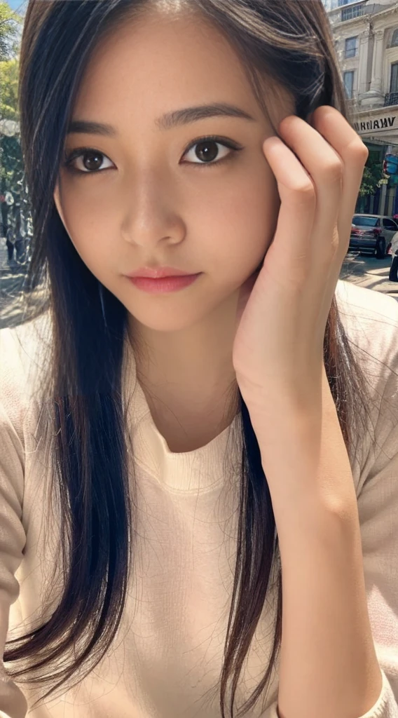 (Raw photo、最high quality)、(Realistic、Photorealistic:1.3)、Very delicate and beautiful、Amazing、In detail、masterpiece、Ultra-detailed、High resolution、(Best Shadow)、
Sharp focus、Volumetric Fog、8K Ultra HD、Digital SLR、high quality、Fujifilm XT3、Women and Blue Tops、Taking pictures on the street with hands on their heads、picture、aesthetics