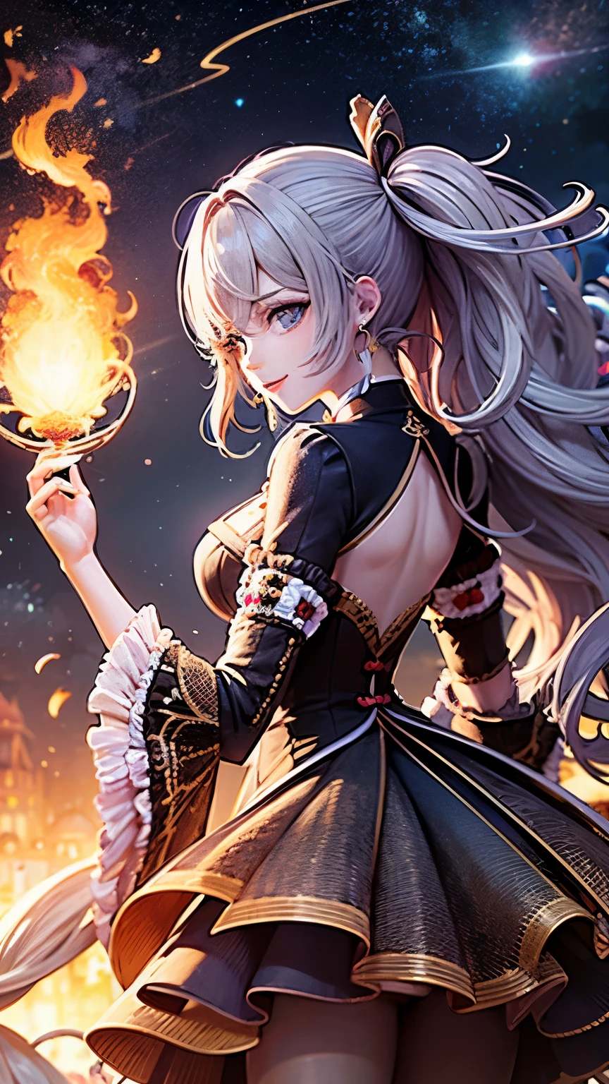 8K resolution, masterpiece, Highest quality, Award-winning works, unrealistic, From above, erotic, sole sexy lady, healthy shaped body, Anatomically accurate skeleton, 22 years old, black mage, 170cm tall, huge firm bouncing busts,, white silver long wavy hair, Detailed facial depictions, Break, Mysterious blue eyes, Standard nose, Eyeliner, pink lips, sexy long legs, Transparent and shiny skin, holy knight, Gothic ruffle long dress, A dress with a complex structure, Seven-colored colorful dress, Clothed in flames, royal coat of arms, elegant, Very detailed, Delicate depiction of hair, miniature painting, Digital Painting, artステーションコンセプトart, Smooth, Sharp focus, shape, artジャム、Greg Rutkowski、Alphonse Mucha、William Adolphe Bouguereau、art:Stephanie Law , Royal Jewel, nature, Symmetric, Greg Rutkowski, Charlie Bowwater, Unreal, Surreal, Dynamic Lighting, ファンタジーart, Complex colors, Buddhist Mandala, Colorful magic circle, flash, dynamic sexy poses, A kind smile, Mysterious Background, Aura, A gentle gaze, BREAK, Small faint lights and flying fireflies, night, lanthanum, 山の頂From above下界を見下ろす, Starry Sky, milky way, nebula, shooting star, Flowers, birds, wind and moon, (Back view, Looking back towards the camera:1.3), chant healing magic, A pillar of light stretching to the sky, Laser beam, Climb the stairs to heaven