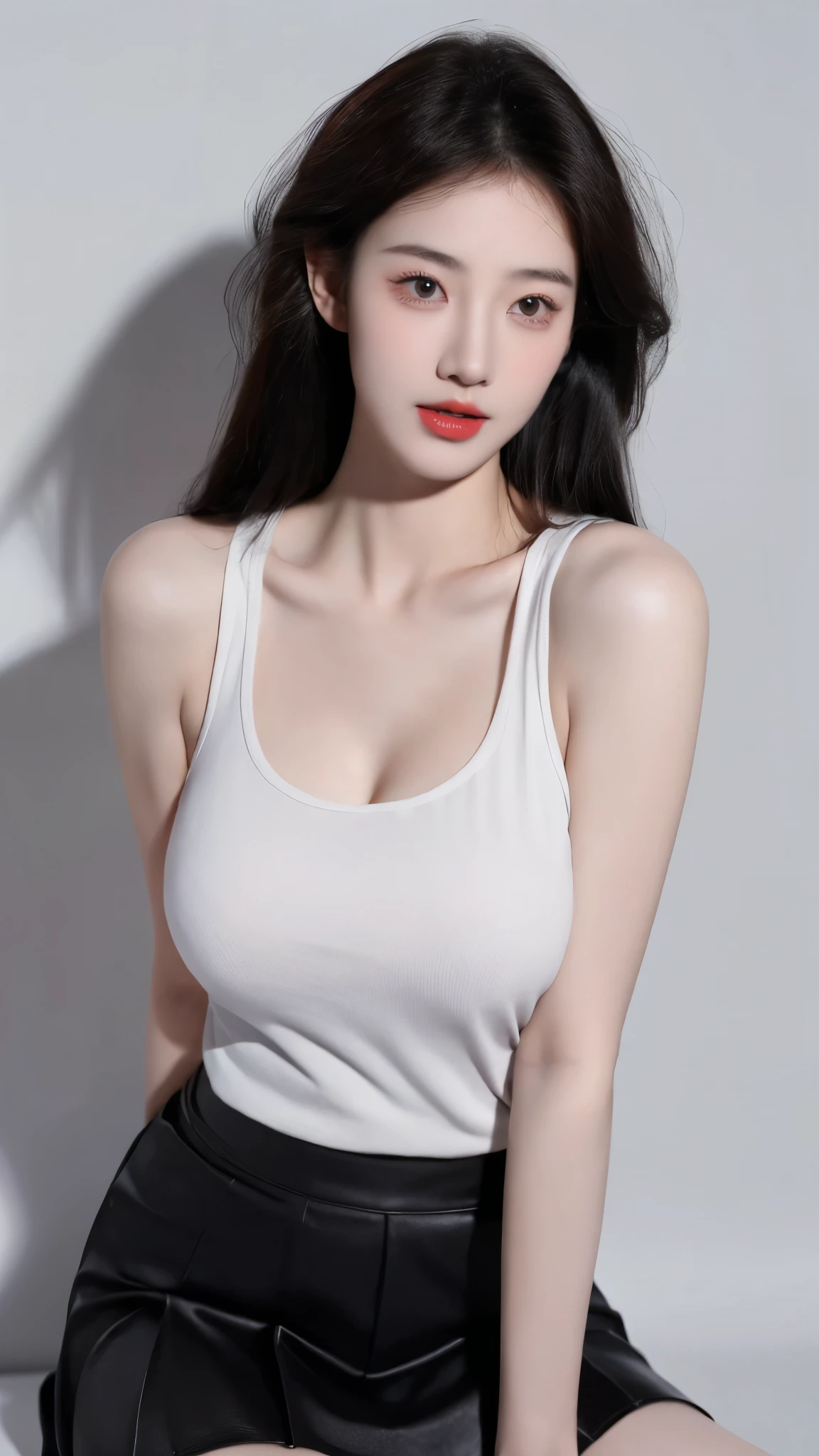(lifelike,high resolution:1.3), slim girl, The face shape and eyes are really delicate.,black hair,red glossy lips,(beautiful face), (best quality), (very detailed), (very detailed CG 통합 8k 벽지),(Black Tank Top),(white background),(a little cleavage),(model photo),sexy look,big eyes,(standing),(short skirt),eyes looking at the audience,huge breasts,really realistic big tits,soft chest,character center,black hair,model pose,