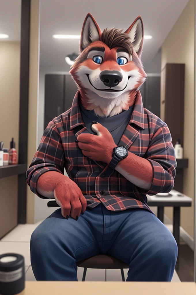 Ivan Fedorovich Wolfbach (Novosibirsk) ,tall handsome, wolf,young, 24 years, brown fur,Kind,(red body:1.3),beautiful blue eyes,Novosibirsk,dressed, plaid shirt,apron,jeans,canine, wolf, detailed fur, male,paw pads, finger claws,At the viewer, 5 fingers, paws, 5 fingers, smile, wrist watch, т nextel,by xenoforge, (difficult, high detail, digital photography, soft focus, RAW variety работает парикмахером,Very close to the camera, variety,Novosibirsk, smile, good mood, positive, Very close to the camera, plaid shirt, blazer, holding scissors, At the hairdresser, stylist doing hairstyle, 
Photorealism, realistic, photorealistic, digital style, Subsurface scattering,I look at the viewer,is sitting, looks at the mirror, men&#39;s cosmetics,
masterpiece, Best quality, ultra realistic, 8 thousand.)