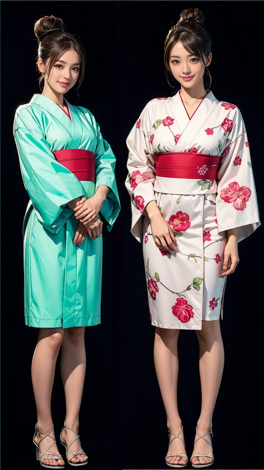 ((masterpiece)),(((Highest quality))),((Character design sheet)),Long legs,Japanese yukata with light blue and light green patterns:1.5，Stylish sandals:1.5，The best smile:1.5，Full Body Shot:1.5，Night fireworks background:1.5，Flashy makeup with red eyeshadow:1.5，Bun Hair:1.5，