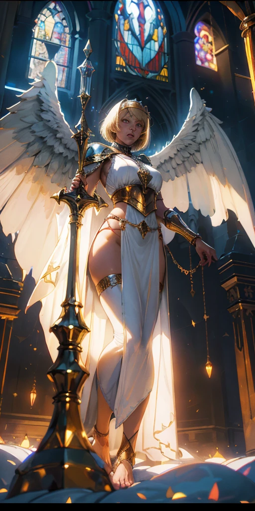 Low - Angle, From below, Paladin Templar Woman in White Tabard, Legwear, Strong eyes, collar, Gold Chain Mail, Wide Hips, barefoot, Angel Wings, Scapula, Hello, Bobcut, blonde, Eye focus, Red Cape, Temple interior, Decorations, Stained Glass Windows, night, particle, chromatic aberration, detailed, Cinematic, Dark Scene, Fantasy