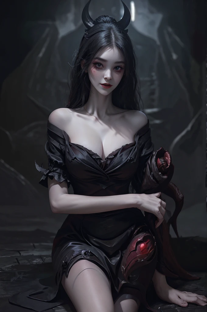 short sleeves,off shoulder, dress, Beautiful devil woman from hell, (in the darkness: 1.6), Surreal female portrait by David Hockney and Alphonse Mucha, fantasy art, korean doll, photorealism, dynamic lighting, art station, poster, Volumetric lighting, The facial details are very rich, 8k, in the darkness, deep shadow, low pitch, (knee shot), long hair, black hair, luxurious palace, royal style, Demon Crown, Red eye makeup is very sharp and detailed, the most beautiful face, normal , Surreal, charming smile, Eye makeup is very good, Gurwitz, devil style, red and black lips, Devil tattoo on shoulder, The weather is gloomy and thunderous, (portrait), Protagonist close-up, (Background details 1.8),nude , 