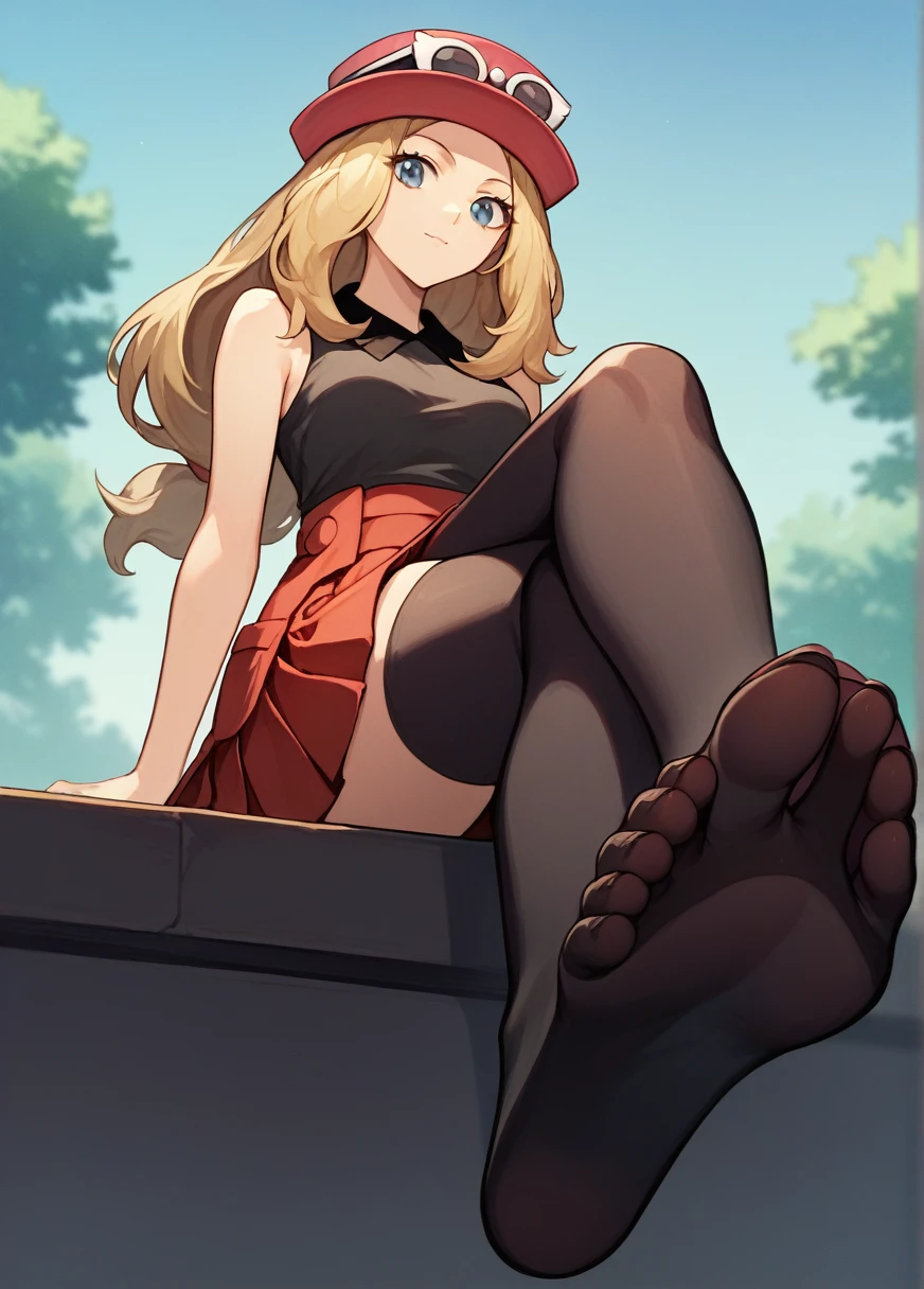 score_9,score_8_up,score_7_up,source_anime,1girl,solo,serena,skirt,long hair,sleeveless,hat,shirt,sleeveless shirt,red skirt,eyewear on headwear,pleated skirt,blonde hair,breasts,collared shirt,black thighhighs,black footwear,crossed legs,sitting, feet, foot focus, pov feet, wiggling toes, from below