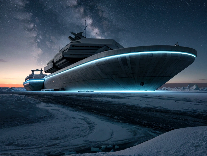 On a frozen planet, an alien spaceship of futuristic and organic design is parked on the icy surface. The ship has an imposing structure with curved shapes and luminous details that shine with blue and green tones.... Several members of the alien crew descend an extended ramp from the ship... These aliens have exotic shapes., with vibrantly colored skins and space suits adapted to the icy environment, showing advanced and incomprehensible technologies. In the background, A minimalist and brutalist concrete station is erected.. The station has straight and robust lines., with a solid and monolithic appearance, contrasting with the icy surroundings. The structure is simple but imposing., with large concrete blocks, small windows and thick walls that seem impenetrable.The sky is a deep blue with a faint glow of distant stars., and the surface of the planet is covered in ice and snow., reflecting the faint light of the distant sun. The atmosphere is cold and silent., with an air of mystery and adventure. cinematic lighting, very high resolution, 4k hyperrealistic image