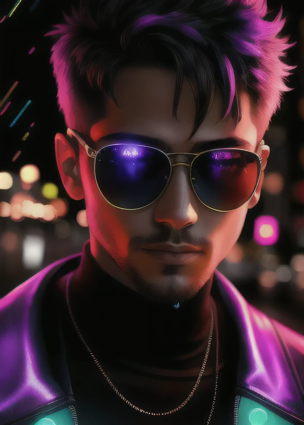 An award-winning masterpiece photo of a cyborg man with psychedelic colors standing on a city street at night in the rain, wearing bright neon-colored glasses, 8K, (high qualiy:1.1), (Cinematic sensation:1.1), Dark deep shadows, incredibly intricate details, artistry , (up close:1.1), From above, gazing at viewer, (light sparkles:1.1), (Chromatic aberration,:1.2) background with floating light artistryifacts