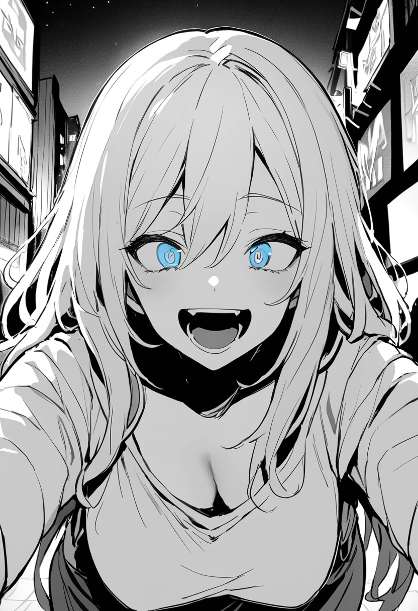 (masterpiece:1.2)、Highest quality、Pixiv、Rebellious girl、One Girl、Open your mouth、鋭いteeth、teeth、length Hair、Street background、Bright Blue Eyes、Upper Body、smile、Focus on your audience、Central chest、Shoulder Bare、belly button、Black and white hair color,Leaning forward,Night view,black and white grey outfit,Overflowing drool、saliva、White Breath、Haa,Draw your mouth with your finger、Excited expression、length, Narrow eyes,Fallacy,Monochrome