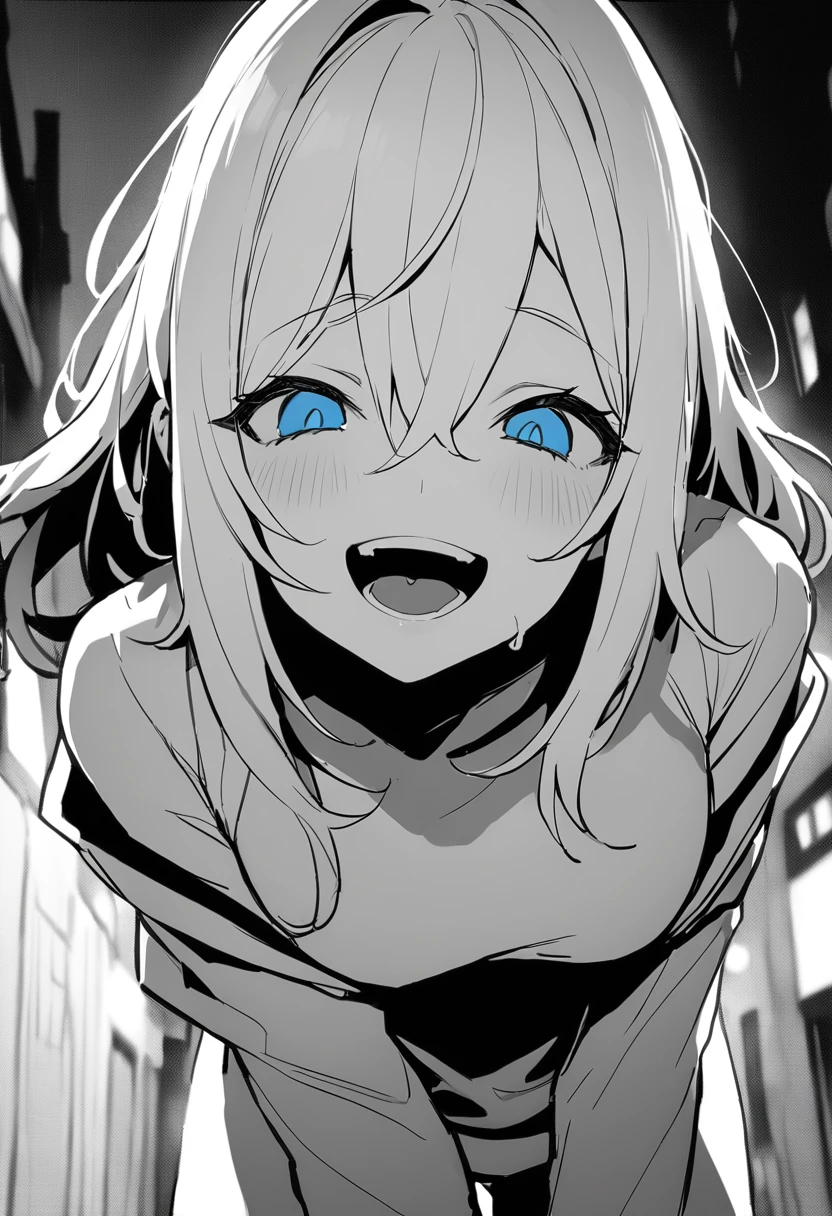 (masterpiece:1.2)、Highest quality、Pixiv、Rebellious girl、One Girl、Open your mouth、鋭いteeth、teeth、length Hair、Street background、Bright Blue Eyes、Upper Body、smile、Focus on your audience、Central chest、Shoulder Bare、belly button、Black and white hair color,Leaning forward,Night view,black and white grey outfit,Overflowing drool、saliva、White Breath、Haa,Draw your mouth with your finger、Excited expression、length, Narrow eyes,Fallacy,Monochrome