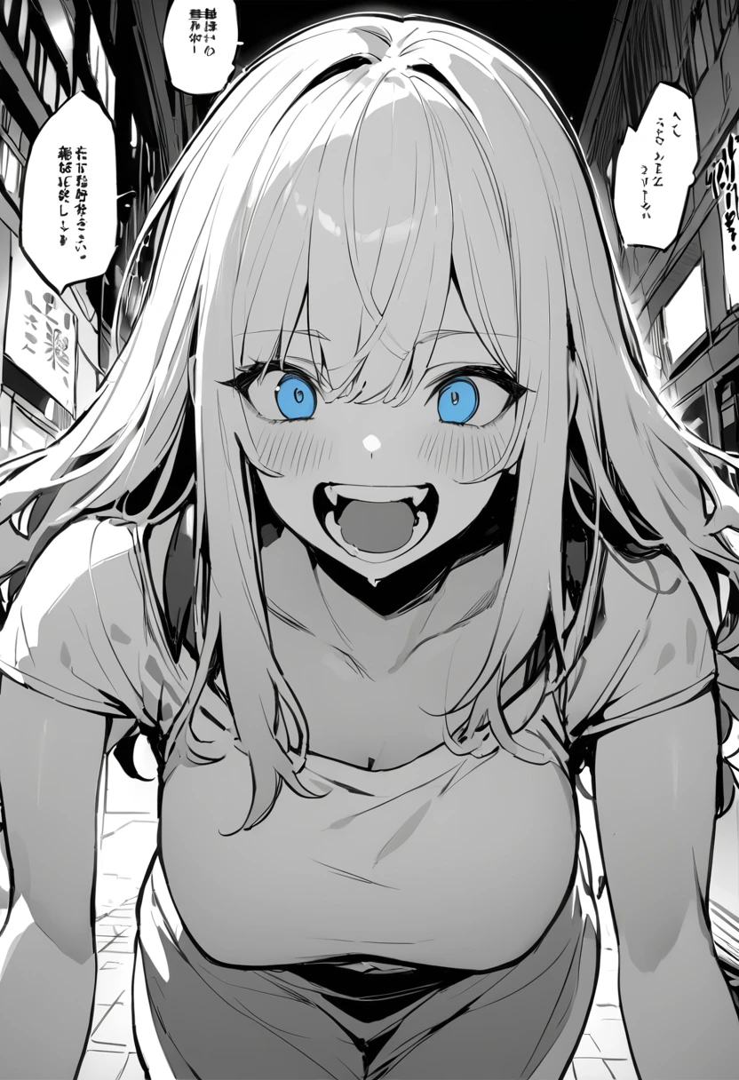 (masterpiece:1.2)、Highest quality、Pixiv、Rebellious girl、One Girl、Open your mouth、鋭いteeth、teeth、length Hair、Street background、Bright Blue Eyes、Upper Body、smile、Focus on your audience、Central chest、Shoulder Bare、belly button、Black and white hair color,Leaning forward,Night view,black and white grey outfit,Overflowing drool、saliva、White Breath、Haa,Draw your mouth with your finger、Excited expression、length, Narrow eyes,Fallacy,Monochrome