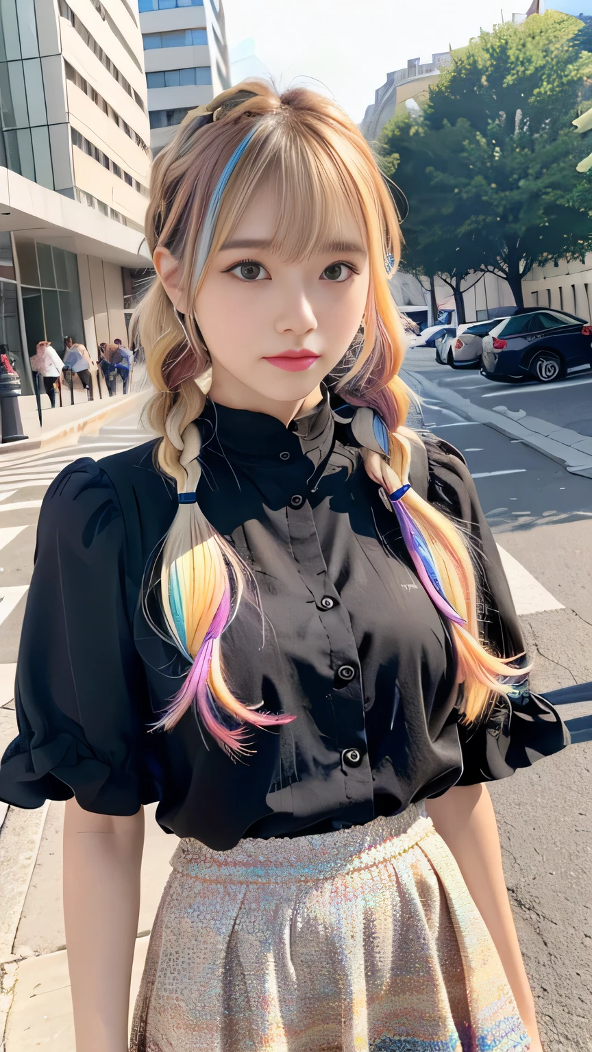 Multicolored hair color、Bangs on the face、Bangs between the eyes、A strong wind blows my hair in front of my face、Beautiful big sparkling eyes, Cute eyes hidden by long bangs、Yawn、No visible nasolabial folds、Short micro mini skirt、Multicolored patterned blouse、Age 25、Blonde French braid hair