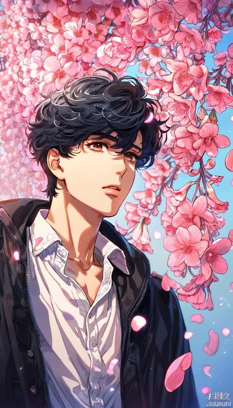 absurdres, highres, ultra detailed, HDR, master piece, best quality, Okumura Eiji, black hair, expressive brown eyes, banana fish, solo, sexy man, handsome, black coat, white shirt, fantasy, shining, pink flowers, pink blossoms, pink butterflies, pink petals