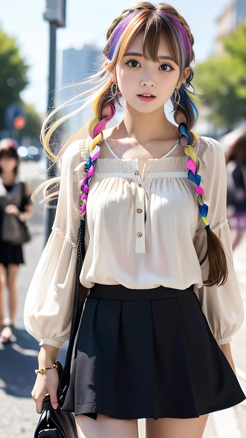 Multicolored hair color、Bangs on the face、Bangs between the eyes、A strong wind blows my hair in front of my face、Beautiful big sparkling eyes, Cute eyes hidden by long bangs、Yawn、No visible nasolabial folds、Short micro mini skirt、Multicolored patterned blouse、Age 25、Blonde French braid hair