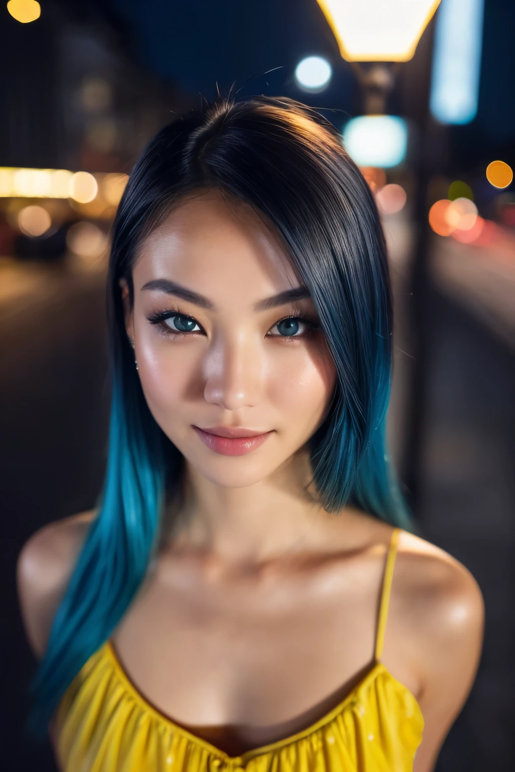 (selfie shot, from above: 1.4), (half-body portrait: 1.4), woman with white skin and Asian features, 24-year-old blue hair (green-eyed woman) walking in a bar RAW uhd portrait photo, natural breast_b, Her eyebrows are well-defined, with a natural arch that complements her eye shape. She has a small, elegant nose with a slight upward curve at the tip. Her lips are full and naturally pink, with a well-defined Cupid's bow. Her teeth are straight and white, enhancing her captivating smile. Her face has an oval shape with high cheekbones that add to her model-like appearance. city background at night, (yellow sundress), (crack), detailed (texture!, hair!, shine, color!!, flaws: 1.1), highly detailed glowing eyes, (looking at camera), specular light, dslr, extreme quality, sharp focus, sharp, dof, Film grain, (centered), Fujifilm XT3, crystal clear, center of frame, cute face, sharp focus, street lamp, neon lights, bokeh, (dark light), low key, night, (night sky ) detailed skin pores, oil Dark skin, brown, complex eye details