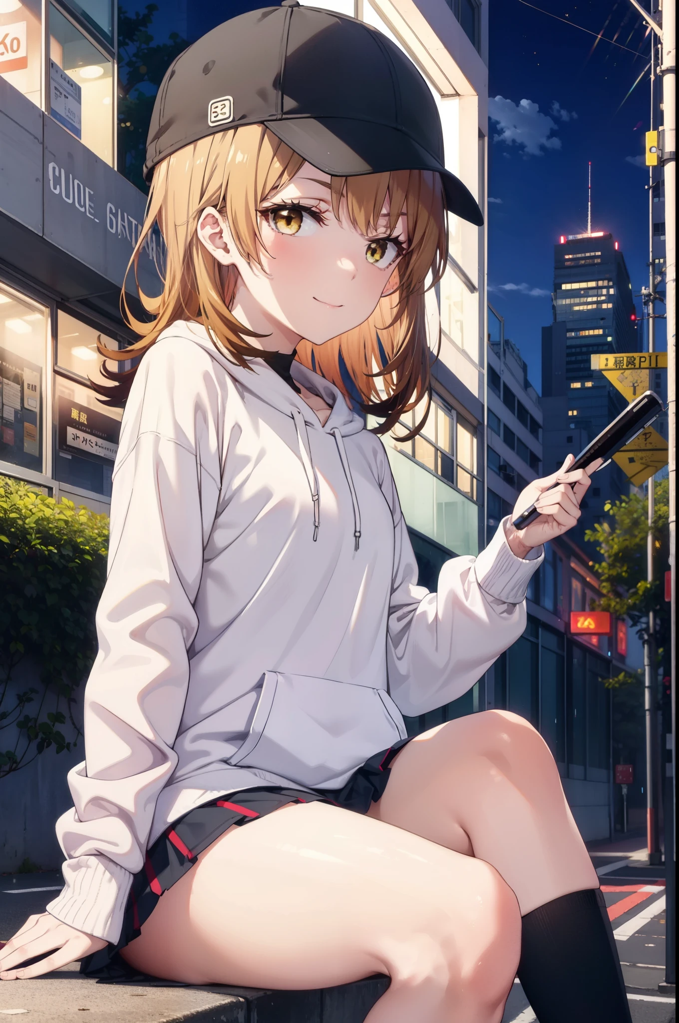 Irohaisshiki, isshiki iroha, Long Hair, Brown Hair, (Brown eyes:1.5), happy smile, smile, Close your mouth,blush,rain,night,Baseball hats,Pink oversized hoodie,mini skirt,Black pantyhose,short boots,Sitting on a bus stop bench、,Hidden in a covered building bus stop,whole bodyがイラストに入るように,
break outdoors, バス停
break looking at viewer,whole body,
break (masterpiece:1.2), Highest quality, High resolution, unity 8k wallpaper, (figure:0.8), (Beautiful attention to detail:1.6), Highly detailed face, Perfect lighting, Highly detailed CG, (Perfect hands, Perfect Anatomy),
