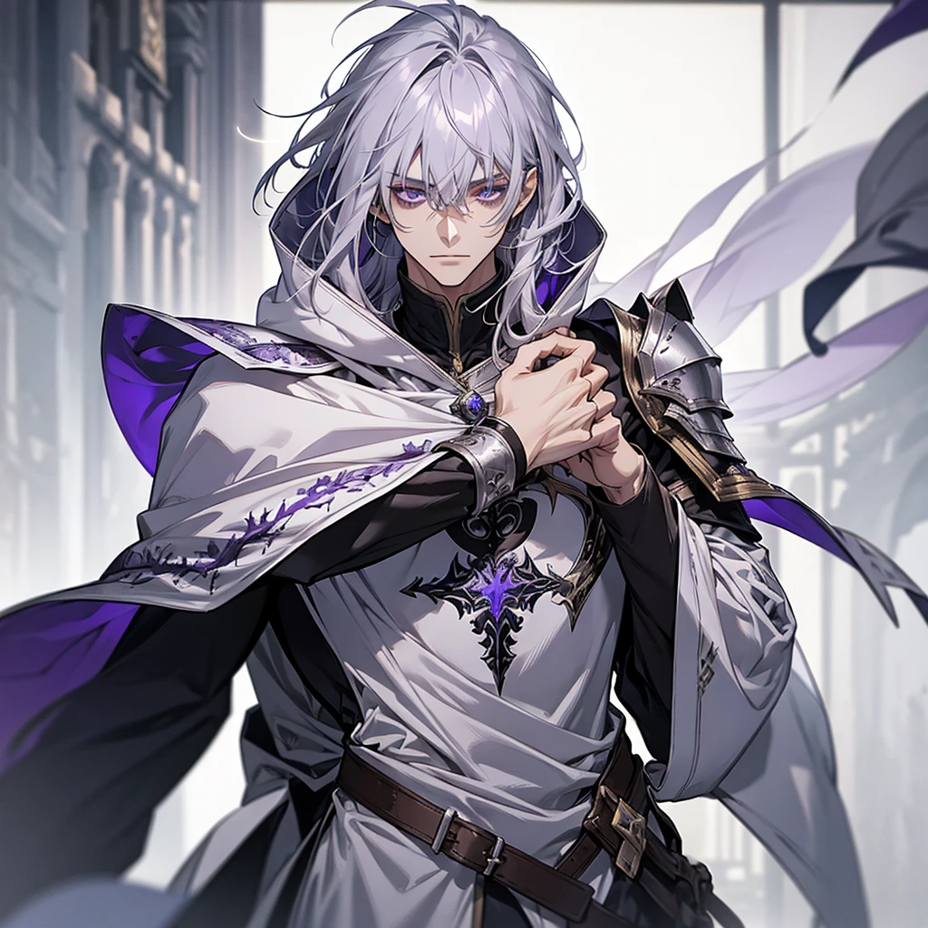 male, messy silver long length hair with bangs, purple eyes, adult face, adult, white hood and shroud, bare torso with pauldron armor, thin lean and handsome, fantasy, sorcerer, see the whole body