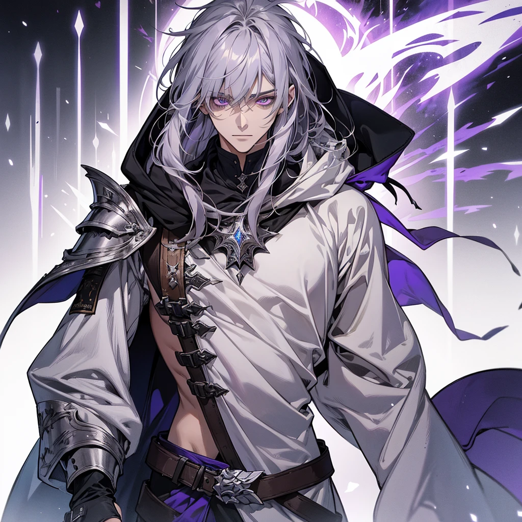 male, messy silver long length hair with bangs, purple eyes, adult face, adult, white hood and shroud, bare torso with pauldron armor, thin lean and handsome, fantasy, sorcerer, see the whole body