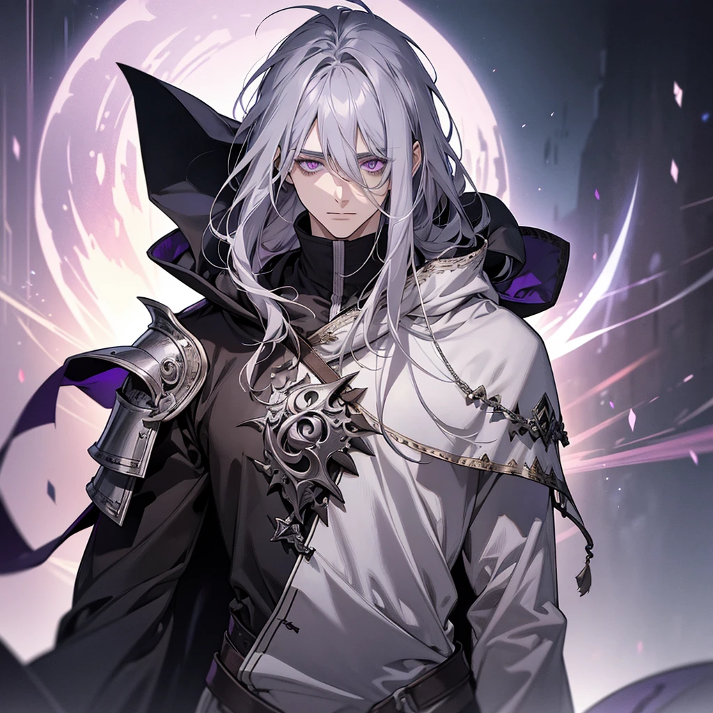 male, messy silver long length hair with bangs, purple eyes, adult face, adult, white hood and shroud, bare torso with pauldron armor, thin lean and handsome, fantasy, sorcerer, see the whole body