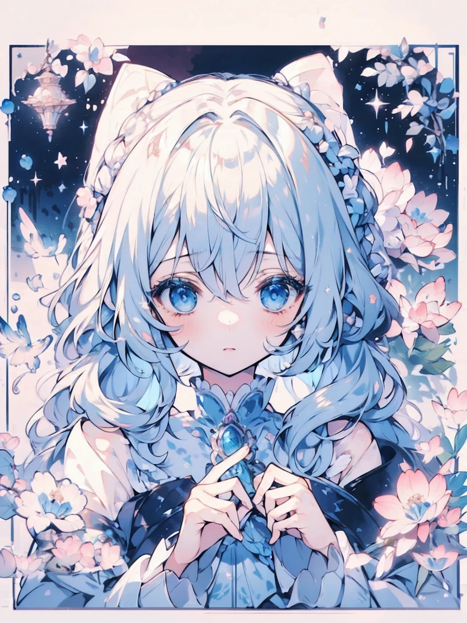 The image is a beautifully illustrated anime-style portrait of a young girl with striking blue eyes and pastel-colored hair. Here are the detailed features of the illustration:
1. **Character Appearance**:
- The girl has dark blue (closer to black) hair styled in soft, loose waves with braided sections framing her face.
- She has large, expressive blue eyes that give her a gentle and innocent look.
- Her facial expression is calm and somewhat melancholic, with her gaze directed slightly downward.
2. **Outfit and Accessories**:
- She is dressed in a light-colored outfit with intricate designs. The outfit includes a high collar and is adorned with a blue gem at the center, which she is gently holding with her hands.
- The outfit has elements of fantasy or magical attire, with a soft, flowing appearance and delicate details.
3. **Background and Surroundings**:
- The background is filled with various decorative elements, including flowers and stars. The colors are predominantly pastel, giving the image a dreamy and ethereal feel.
- There are small, adorable animal-like creatures surrounding her, adding a whimsical touch to the scene.
- The overall composition is framed, focusing attention on the girl as the central figure.
4. **Art Style**:
- The art style is detailed and delicate, with a soft color palette dominated by blues, whites, and pastel shades.
- The use of light and shading is subtle, contributing to the gentle and serene atmosphere of the image.
- The illustration has a watercolor-like texture, enhancing its dreamy and artistic quality.
- Anime Niji-style
Overall, the image portrays a serene and magical character in a fantastical setting, with a focus on delicate details and a soft color scheme.
Modifications:
Smoothen the lines.
No lights are visible in her eyes.
Change the white hair into the black (blue on the tip of the hair) hair.
Her eyes looked empty and deprived.
Black hair