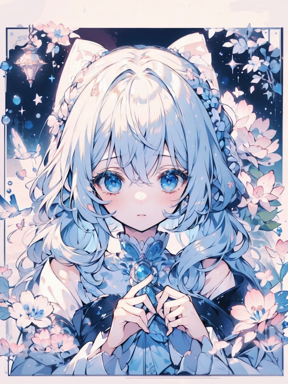 The image is a beautifully illustrated anime-style portrait of a young girl with striking blue eyes and pastel-colored hair. Here are the detailed features of the illustration:
1. **Character Appearance**:
- The girl has dark blue (closer to black) hair styled in soft, loose waves with braided sections framing her face.
- She has large, expressive blue eyes that give her a gentle and innocent look.
- Her facial expression is calm and somewhat melancholic, with her gaze directed slightly downward.
2. **Outfit and Accessories**:
- She is dressed in a light-colored outfit with intricate designs. The outfit includes a high collar and is adorned with a blue gem at the center, which she is gently holding with her hands.
- The outfit has elements of fantasy or magical attire, with a soft, flowing appearance and delicate details.
3. **Background and Surroundings**:
- The background is filled with various decorative elements, including flowers and stars. The colors are predominantly pastel, giving the image a dreamy and ethereal feel.
- There are small, adorable animal-like creatures surrounding her, adding a whimsical touch to the scene.
- The overall composition is framed, focusing attention on the girl as the central figure.
4. **Art Style**:
- The art style is detailed and delicate, with a soft color palette dominated by blues, whites, and pastel shades.
- The use of light and shading is subtle, contributing to the gentle and serene atmosphere of the image.
- The illustration has a watercolor-like texture, enhancing its dreamy and artistic quality.
- Anime Niji-style
Overall, the image portrays a serene and magical character in a fantastical setting, with a focus on delicate details and a soft color scheme.
Modifications:
Smoothen the lines.
No lights are visible in her eyes.
Change the white hair into the black (blue on the tip of the hair) hair.
Her eyes looked empty and deprived.
Black hair