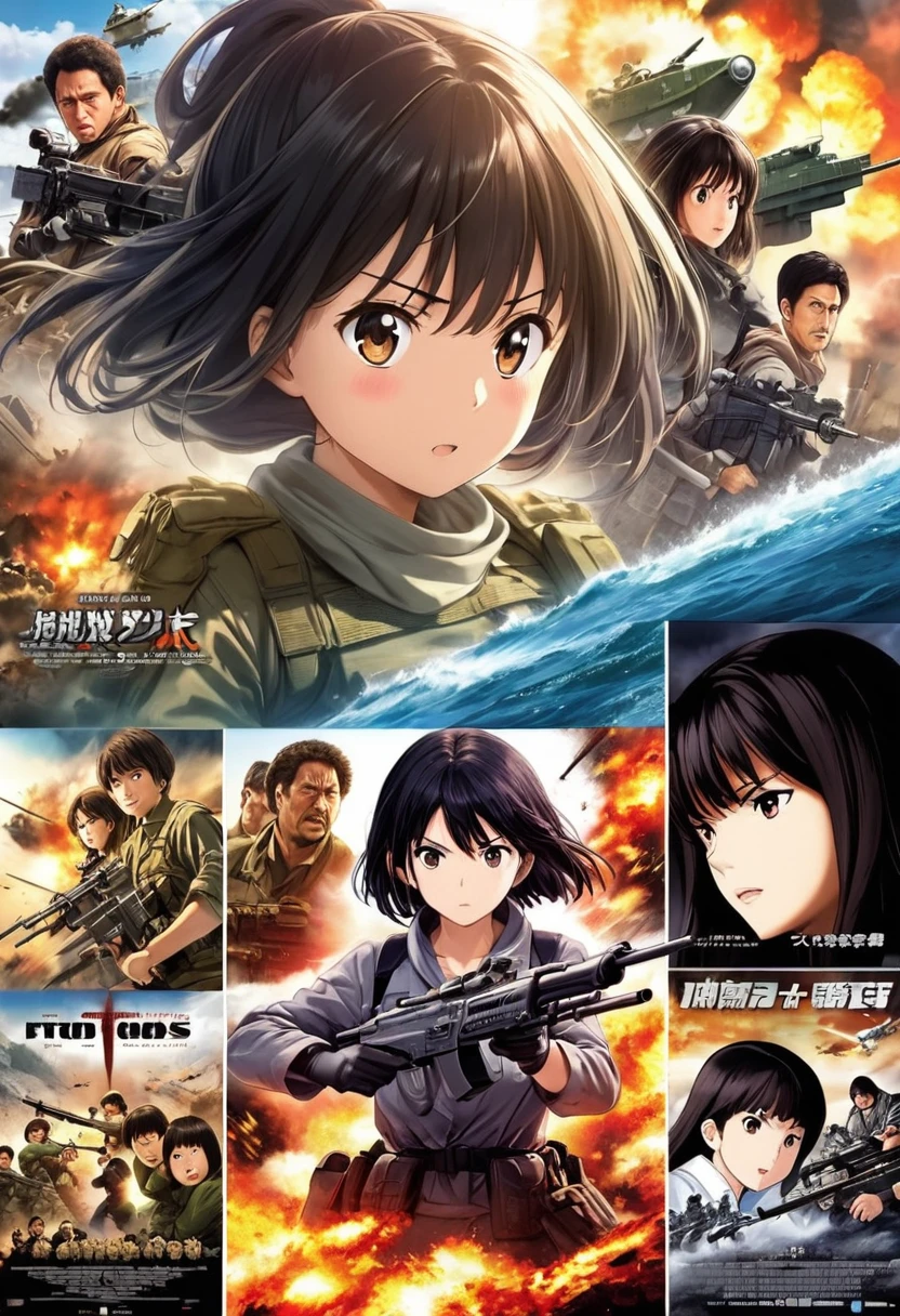 movieポスター,Anime Reference 86 ,sf,sf,movie,War Action movie,Multiple characters,woman,adult,Black Hair,(Pia&#39;s bangs hairstyle : 1.8 ),Wearing red glasses,Shogun&#39;s Uniform,White Commander Uniform,Realistic facial details,realism,3D Face,((Braided Hairstyles)),((Braided Hairstyles)),